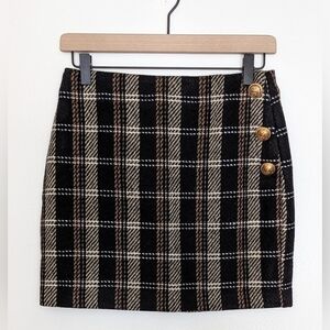 Juliana's Plaid Black Tan Camel Preppy Mini Skirt Gold Button Size Small